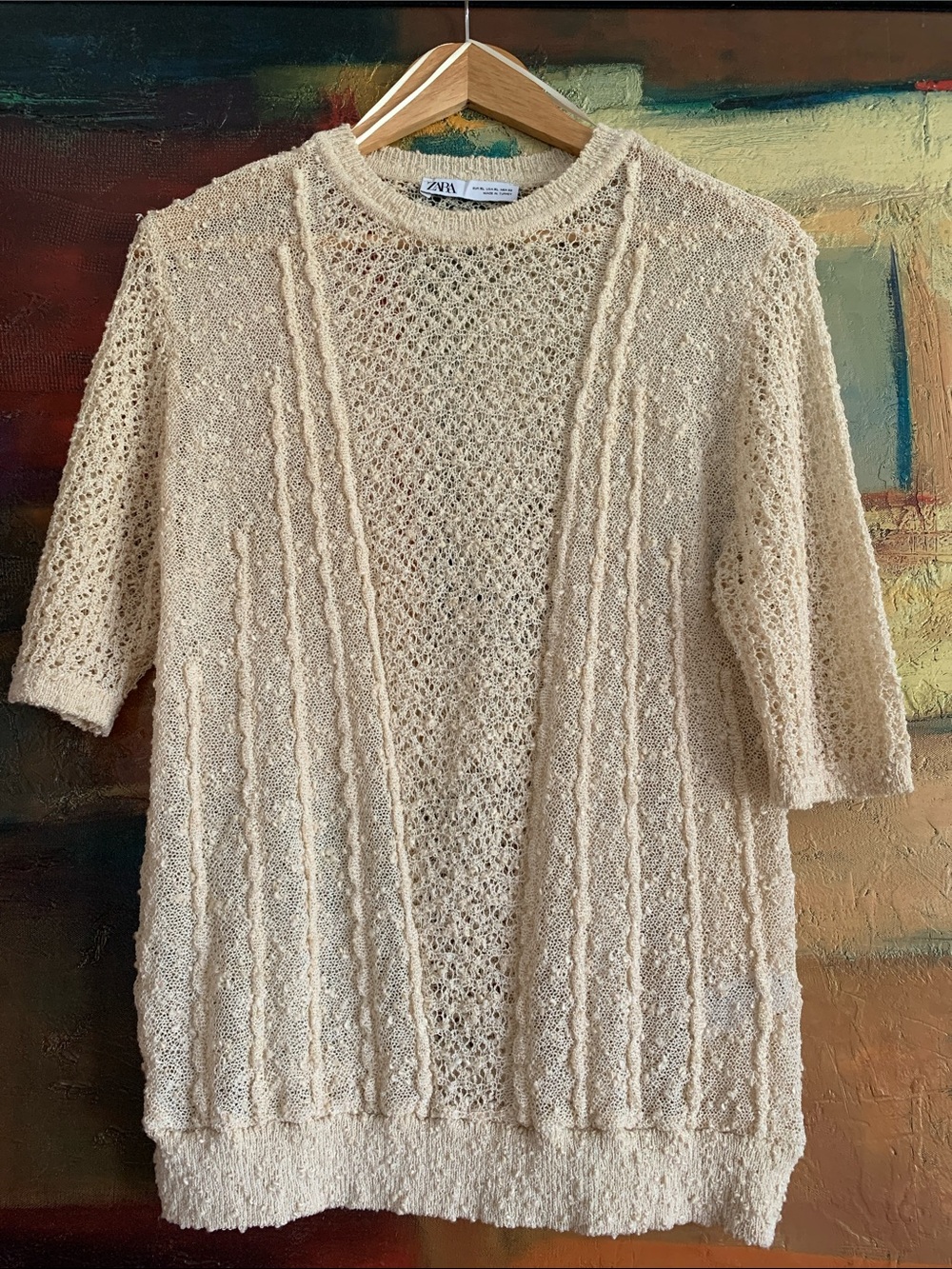 ZARA Pale Yellow Mixed Open Knit Short Sleeve Sweater, Sz XL